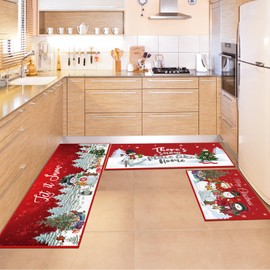 Layhit 3 Pcs Christmas Kitchen Rug and Mat Set Christmas Absorbent Anti Fatigue Winter Bathroom Mat Non Slip Washable Rug for Xmas Party Kitchen Decor 20'' x 59'' + 20'' x 47'' + 20'' x 32''(Snowman)