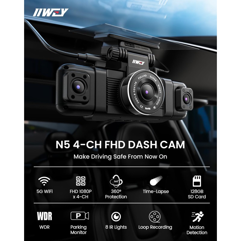 IIWEY N5 4 Channel Dash Cam 360° View, 1080P Front