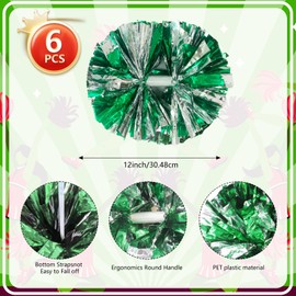 6 Pcs Silver Green Metallic Cheerleading Pom Poms, 12Inch Cheerleader Pompoms with Baton Handle for Kids Adults School Team Sports Games Dance Cheering