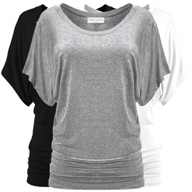 Free to Live 3 Pack Dolman Short Sleeve Business Casual Tops for Women Dressy Shirts Fall Travel Tunic to Wear with Leggings, Black, Heather Grey, White, Small
