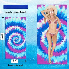 Edmirfun Beach Towel，160x80cm Colourful Tie Dye Beach Towels with Towel Bands，Lightweight Large Towels for Adults Kids Family, Friendly Sand Free Quick Drying Towel for Travel Swim Pool Gym Sports