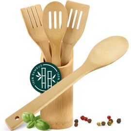 smartday Wooden Cooking Cutlery Set 5 Pieces I Kitchen Utensil Including Holder Made of 100% Bamboo I Wooden Cooking Utensils, Wooden Spoon, Wooden Cooking Spoon, Spatula