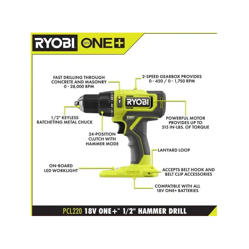 RYOBI ONE+ 18V Cordless 1/2 in. Hammer Drill (Tool Only)