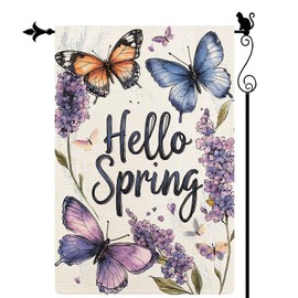 PureGorm Hello Spring Garden Flag with Butterflies and Lilac Flowers Vertical Double Sided Garden Flag Seasonal Rustic Yard Lawn Outdoor Decor 12.5x18"