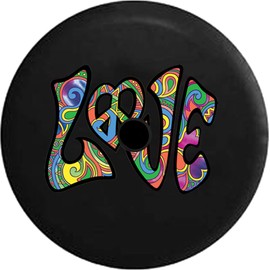 Funny Spare Tire Wheel Cover for Camper SUV Trailer Truck RV JP Thick PVC Leather | Love Peace Sign Heart Hippie Multicolor Black 32 Inch with Backup Camera Hole