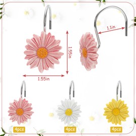 FYSUIMU 12Pcs Spring Shower Curtain Hooks 4 Colors Daisy Flower Curtain Rings Floral Decorative Curtain Hanger Hooks for Home Living Room Bedroom Bathroom Decor