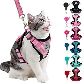 PUPTECK Cat Harness and Leash Set- Adjustable Vest Escape Proof Harness for Kitten Small Medium Cats, Retractable Breathable Soft Mesh for Outside with Reflective Strips