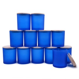 SHOWIN 14 OZ Thick Candle Jars for Making Candles 12 Pcs, 3 Wick Empty Jars with Wood Lids for Candle Making, Sample Container, Frosted Blue