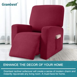 Granbest Stretch Recliner Cover 1 Piece Premium Thick Recliner Chair Cover with Pockets Jacquard Recliner Slipcover Furniture Protector with Elastic Bottom (Recliner, Wine Red)