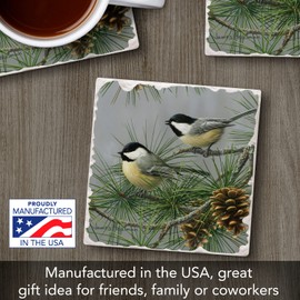 Thirstystone Chickadee Pine Tree Single Tumbled Tile Stone Coaster with Protective Cork Backing Manufactured in The USA 4" Square, Artistic, Easily Wipes Clean