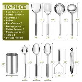 E-far Cooking Utensils Set, 10-Piece Stainless Steel Kitchen Utensils with Holder, Metal Heat Resistant Kitchen Cookware Tool Spatula Set for Cooking, Easy Clean & Dishwasher Safe