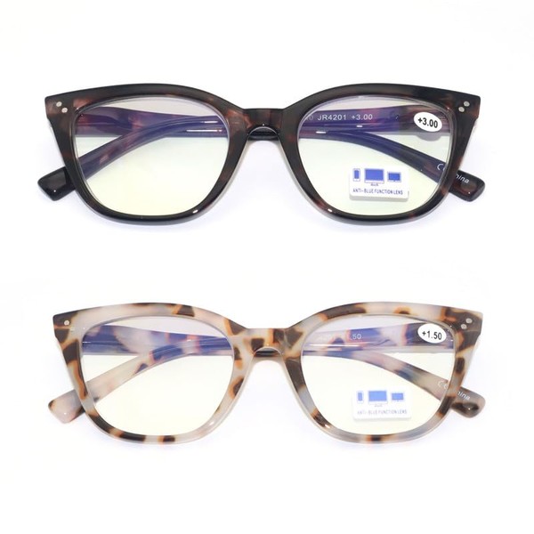 JORCENSEY Cat Eye Reading Glasses Ladies Fashion Readers with Blue Light Blocking for Women 2 Pairs +2.0