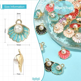 Ornazy 40 pcs 8 Colors Enamel Clam Shell Charms with Imitation White Pearl Beads Conch Sea Shells Charms for Jewelry Making Women Wedding DIY Necklaces Earring Crafts