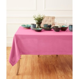 Solino Home Flamingo Pink Linen Tablecloth 60 x 120 Inch - Classic Hemstitch 100% Pure Linen Easter Tablecloth for Rectangle Tables - Washable Table Cloth for Mother's Day, Wedding, Parties