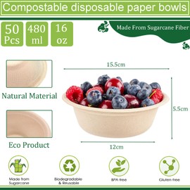 Disposable Paper Bowls Brown 17oz/480ml Bagasse Compostable Bowls Eco-Friendly Biodegradable Bowls,50Pcs Party Bowls Sugarcane Bowls Dessert Bowl Soup Bowls Serving Bowls for Hot/Cold Food,BBQ Picnic