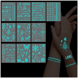 Konsait 10 Sheets Glow in the Dark Tattoos Temporary Tattoos For Women Girls Glow Tattoos Blue Tattoos for Kids Flower Music Butterfly Tattoos Luminous Birthday Body Make Up Fake Tattoo