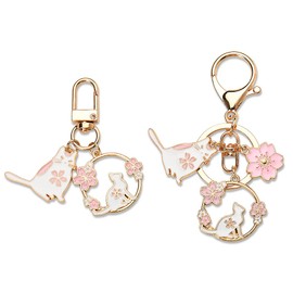 Cherry Blossom Cat Keychain for Women 2Pcs Cute Flower Key Chain for Car Keys Fob Kawaii Pink Sakura Floral Cat Keychain for Backpack Purse Charms for Handbags Key Ring for Bag Decoration Accessories