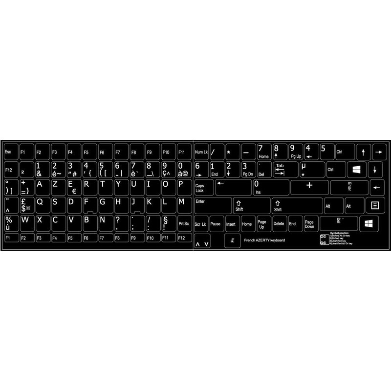 REPLACEMENT FRENCH AZERTY KEYBOARD STICKERS BLACK BACKGROUND