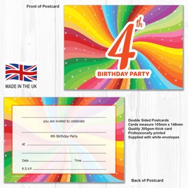 Olivia Samuel 20 x 4th Birthday Party Invitations. Children's Bright Unisex Style. Multipack of 20 Invites with Envelopes
