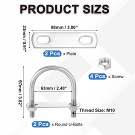 PATIKIL Round U-Bolts, 2 Pcs 2.48"(63mm) Inner Width 97mm Length M10 with Nut Plate Washer 304 Stainless Steel Round Bend U-Bolts for Boat Trailer Axle Sailboat