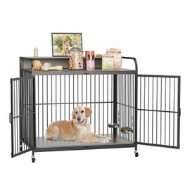 GAOMON Dog Crate Furniture, Dog Crate Indoor with Adjustable Height Bowls, Wooden Heavy Duty, 39.8 Inch Dog Kennel Furniture for Medium Dogs, 39.8" L X 22.5" W X 38.6" H,Grey