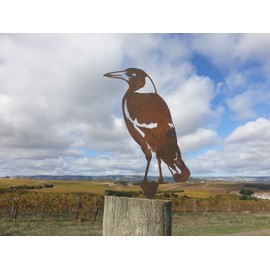 Magpie Standing Garden Stake - Australian Made Rusted Metal Garden Art
