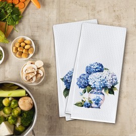 Cilrii Chinoiserie Hydrangea Floral Kitchen Towels, Blue White Hydrangea Flower Dish Tea Towels for Kitchen Decor, Grandmillennial Floral Decorative Hand Towel for Bathroom, 16x24 Inch Set of 2