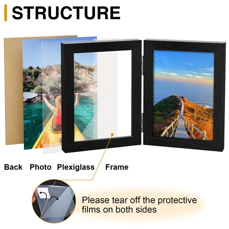 Vittanly 5x7 Double Picture Frame, Hinged 2 Opening MDF Photo