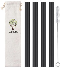 ALINK Reusable Black Silicone Boba Straws, 4-Pack Extra Wide Smoothie Straws for Bubble Tea/Shakes/Tapioca Pearls with Cleaning Brush and Carrying Case