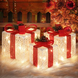COVFEVER Christmas Lighted Gift Boxes with Lace Cloth, Pre-lit Lights Gift Boxes Set of 3, Light up Present Boxes Set Battery Operated with Different Sizes for Holiday Indoor Outdoor Decorations