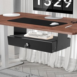 QUSKLISU Under Desk Mounted Sliding Pull-Out Drawer Organizer, 18" x 14" x 6.9" Padded Laptop Shelf with Lockable Design, Shallow Storage Slide-Out Undermount Drawer for Office, Home (Black)