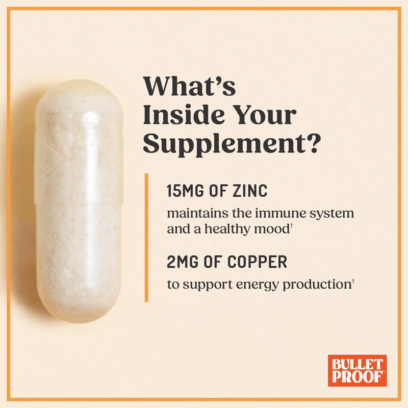 Bulletproof Zinc with Copper Capsules, 60 Count, Minerals and Antioxidant