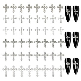GOMAKERER 48 Pcs 6 Styles Rhinestone Cross Nail Cabochon, Punk Vintage Silver Small Nail Charms Nail Art Jewels Cross Cabochon Decoration Accessories for DIY Nail Designs Supplies