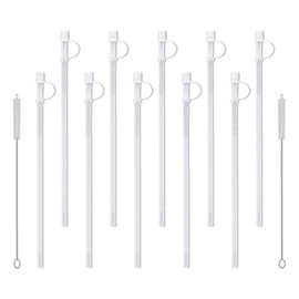 Mugs N Coffee 13” Flexible Corrugated Straws with Caps (10-Pack) with 2 Cleaning Brushes – BPA-Free Reusable Drinking Straws for 64 oz Travel Mugs – Made in USA