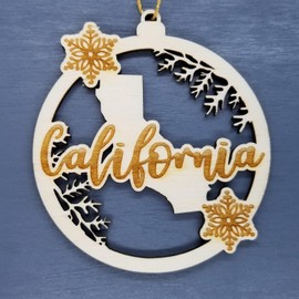 California Wood Ornament - CA State Shape with Snowflakes Cutout - Handmade Wood Ornament Made in USA Christmas Decor