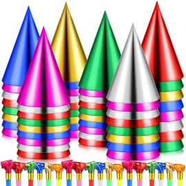 WinnerWhy 100 Pcs Birthday Party Cone Hats and Colorful Noisemakers Blowers Set Metallic Foil Paper Cone Hats Noisemakers Blow Whistle for Kids Children Adults Birthday Party Favors Supplies