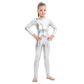 YgneeDom Girls Shiny Metallic Long Sleeve Unitard Spandex One Piece Wet Look Kid Bodysuit (Silver, M)