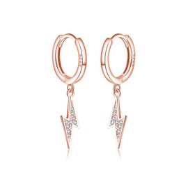 Reffeer Solid 925 Sterling Silver Lightning Bolt Drop Hoop Earrings for Women Girls CZ Lightning Bolt Huggie Earrings Hoops (C-Rose Gold)