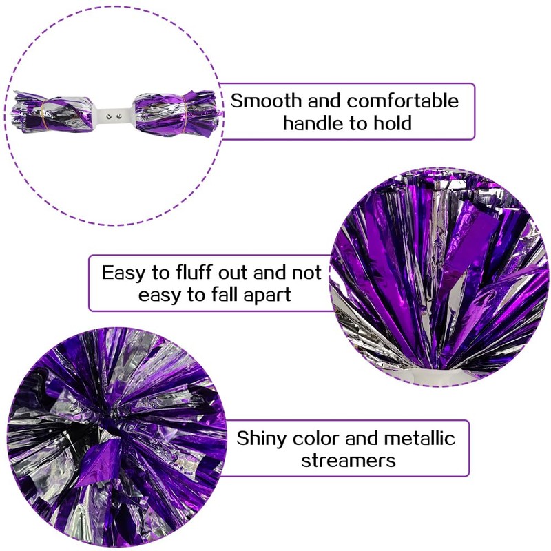 Hooshing 2PCS Purple and Silver Pom Poms Cheer Professional Metallic
