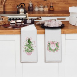 Elefeltclave Pink Chinoiserie Christmas Tree Kitchen Towels, Coquette Bow Christmas Dish Tea Towels for Kitchen Decor, Preppy Xmas Wreath Tree Decorative Hand Towel for Bathroom, 16x24 Inch Set of 2