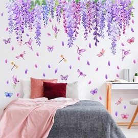 Flower Vine Wall Stickers Hanging Flower Wall Stickers Purple Floral Wall Decals Peel and Stick Wisteria Window Decals Summer Garden Flower Wall Decals for Bedroom Living Room Decor