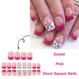 24Pcs Pink French Tip Press on Nails Short Square Easter Fake Nails Cartoon Rabbit Nails Tip Design Cute Full Cover Glue on Nails Bunny False Nails Glossy Stick on Nails for Women Holiday Nails Decor