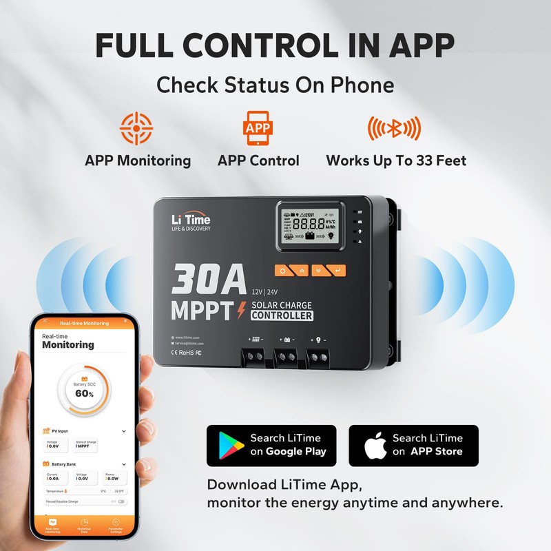 LiTime 30 Amp MPPT 12V/24V/Auto DC Input Solar Charge Controller
