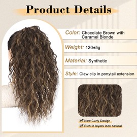 Stamped Glorious Ponytail Extension 18" Curly Wavy Pony Tail Claw Multi Layered Clip on Ponytail Extension Fluffy Natural Looking Synthetic Hair Piece for Women(Chocolate Brown with Caramel Blonde)