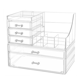 Cq acrylic 2 Pack Clear Make Up Organizers for Vanity,Stackable 5 Drawers Make Up Organizer,Cute Desk Organizer for Vanity Jewelry,Hair Clip,Beauty,Skincare Product Dresser Acrylic Drawer Organizer