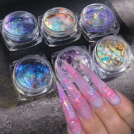 Holographic Nail Art Glitter Iridescent Flakes Powder,5 Boxes Nail Foil Colorful Fluorescent Glass Paper Chameleon Ice Crystal Mermaid Paillettes Sparkly Sequins Design for Summer Nail Art Decoration