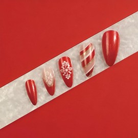 Red Christmas Press on Nails Medium French tips Fake Nails with Red Gold Ribbon Pattern Design White Snowflake False Nails Acrylic Nails Red Full Cover Glue on Nails for Women and Girls