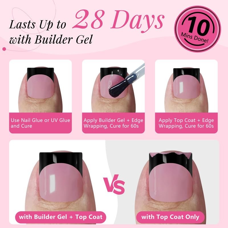 QIEK Toenail Press Ons French Tip, Berry Pink Black Elegant
