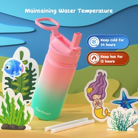 Kids Water Bottle, 16oz Kids Water Bottle with Stickers and straw, Water Bottle for School(Pink/Green) V1