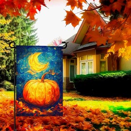 Dacawin Fall Garden Flag Pumpkin Yard Flags Van Gogh Art Starry Night Sky Moon Garden Flags Autumn Harvest Red Maple Leaf Chinoiserie Thanksgiving House Banner for Patio Farmhouse Outdoor 12 x 18 Inch